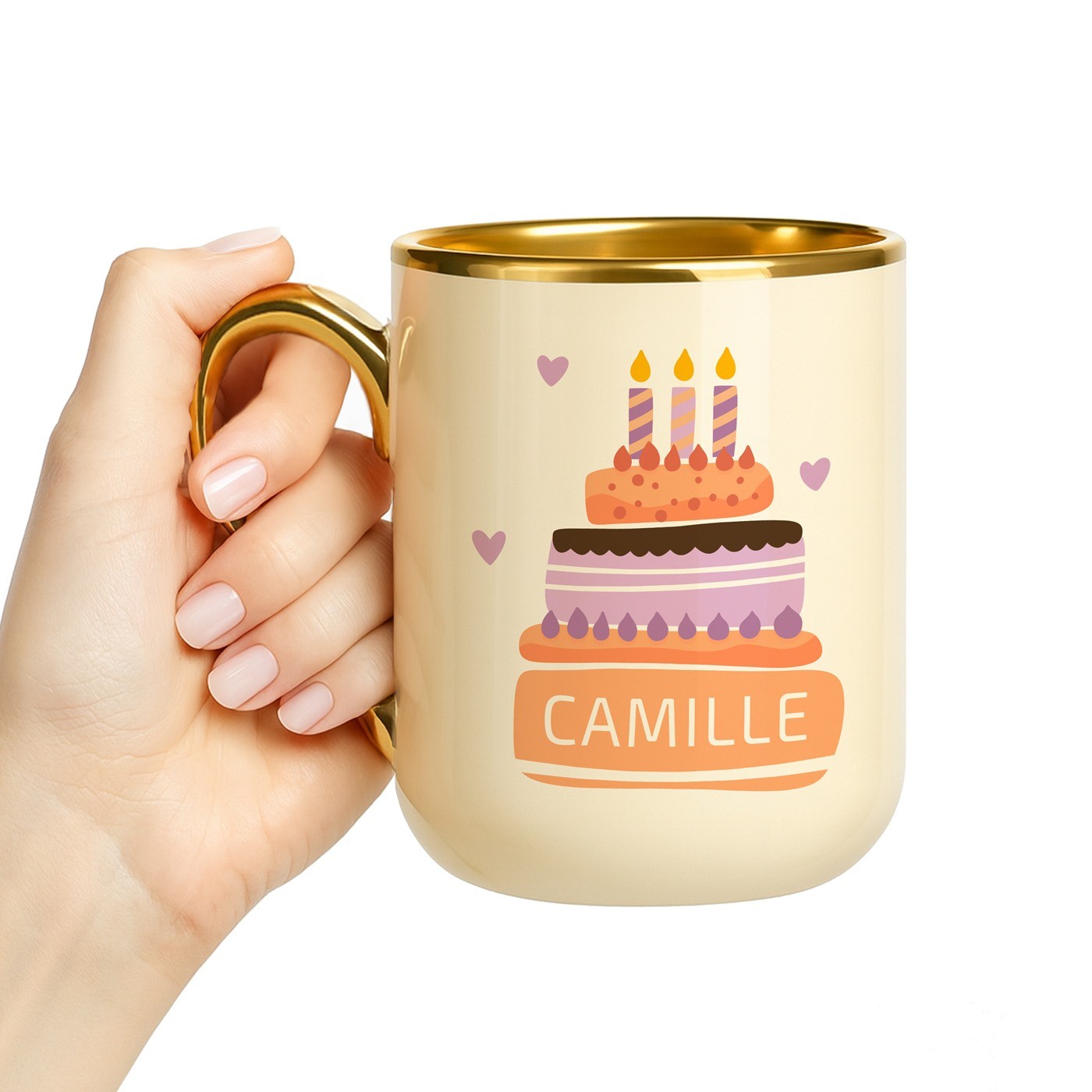 Mug de cerámica beige Murrano con borde y asa dorados para el cumpleaños de una ahijada