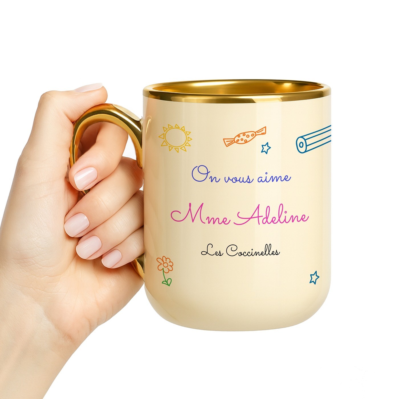 Mug de cerámica beige Murrano con borde y mango dorados para maestra de jardín de infantes