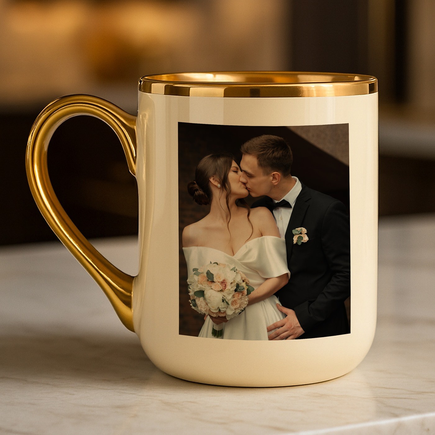Taza de cerámica beige Murrano con borde y mango dorados e impresión personalizada con foto para el cumpleaños de María