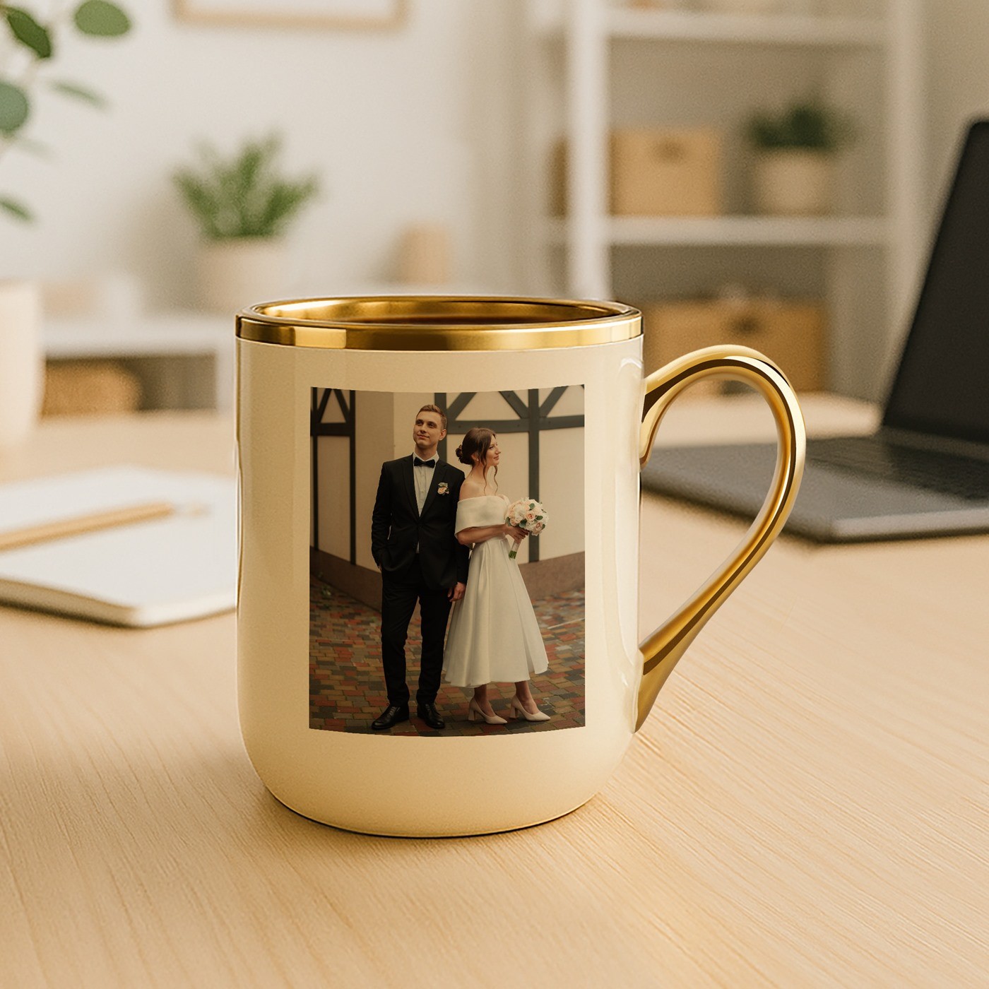 Taza de cerámica beige Murrano con borde y mango dorados e impresión personalizada con foto para el cumpleaños de María