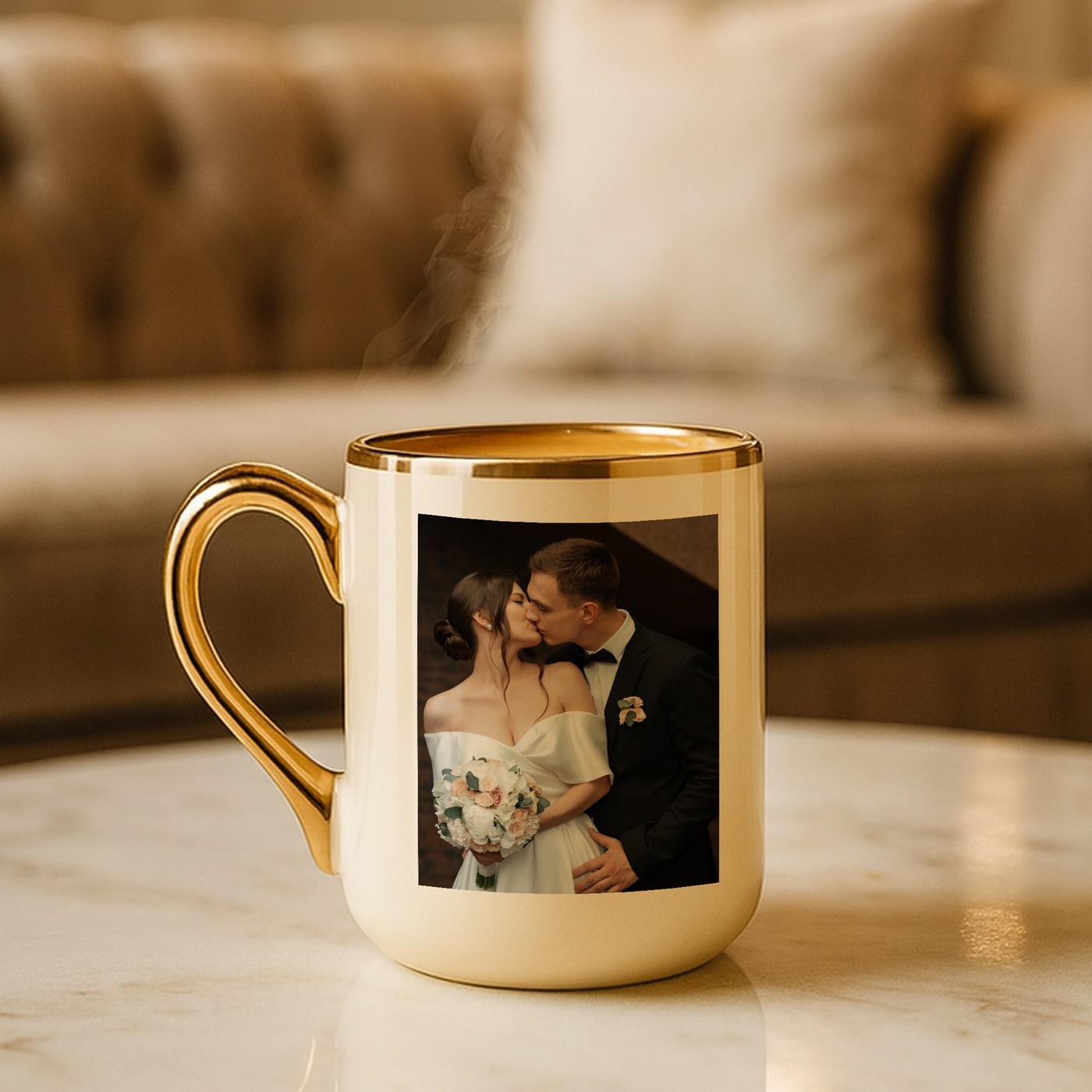 Taza de cerámica beige Murrano con borde y mango dorados e impresión personalizada con foto para el cumpleaños de María