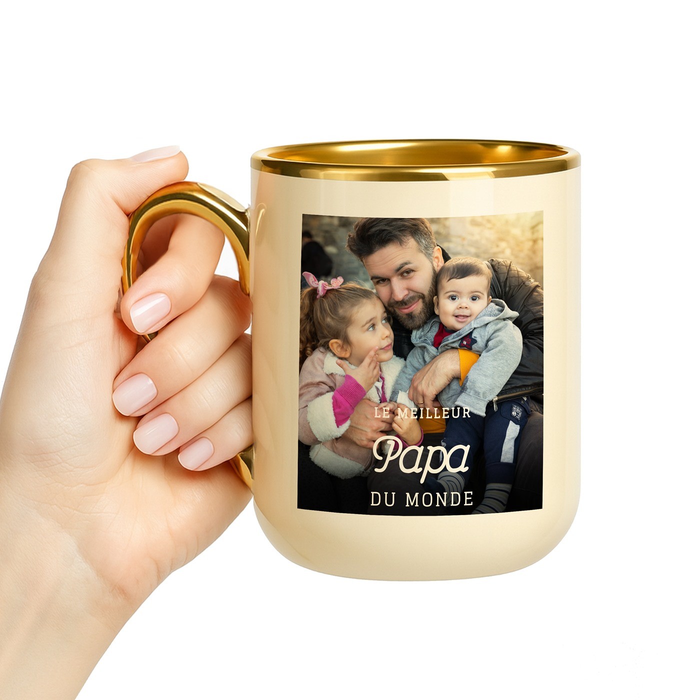 Taza de cerámica beige Murrano con borde y mango dorados para el cumpleaños de un papá personalizada con foto