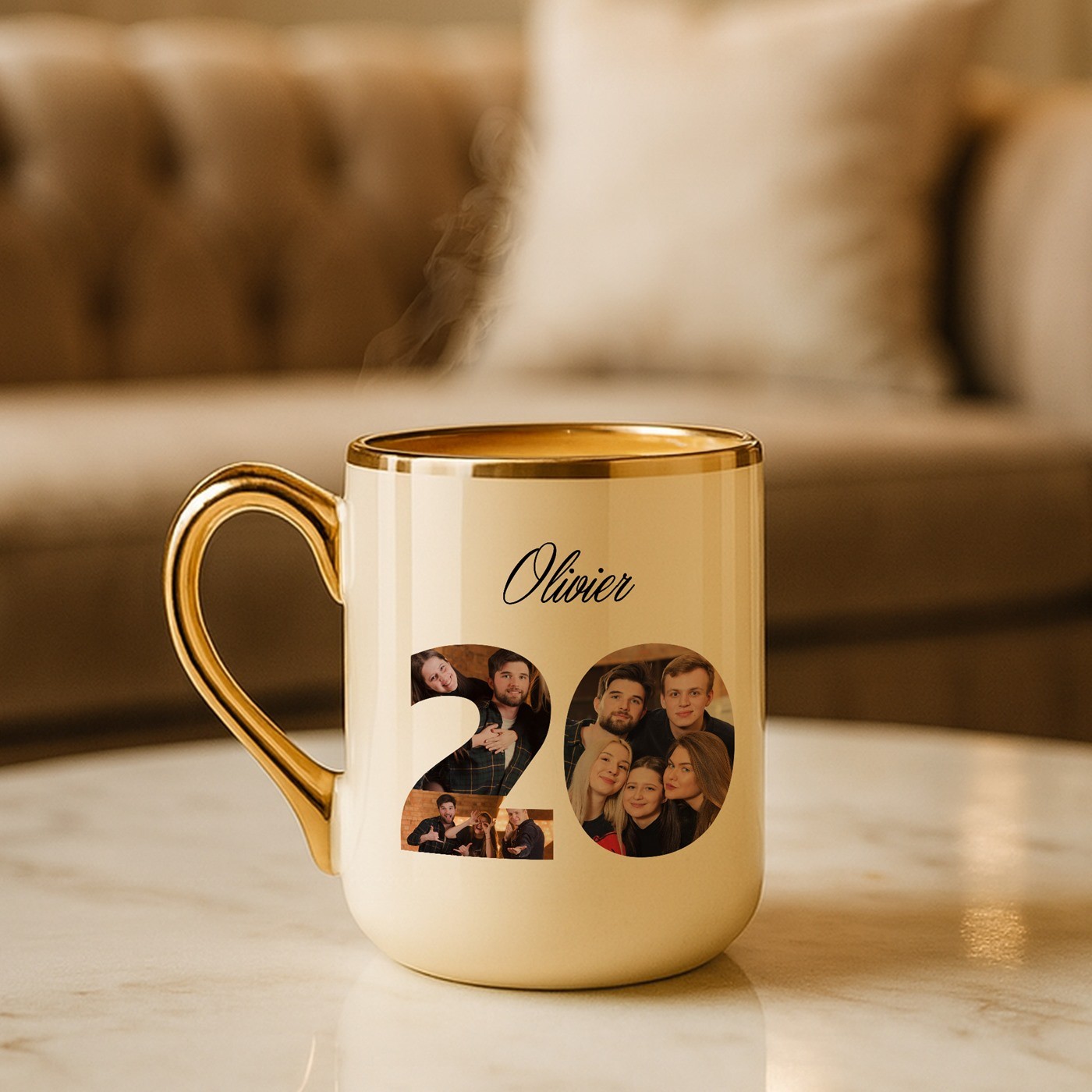 Mug de cerámica beige personalizado con borde y mango dorados para el cumpleaños número 20 de un amigo
