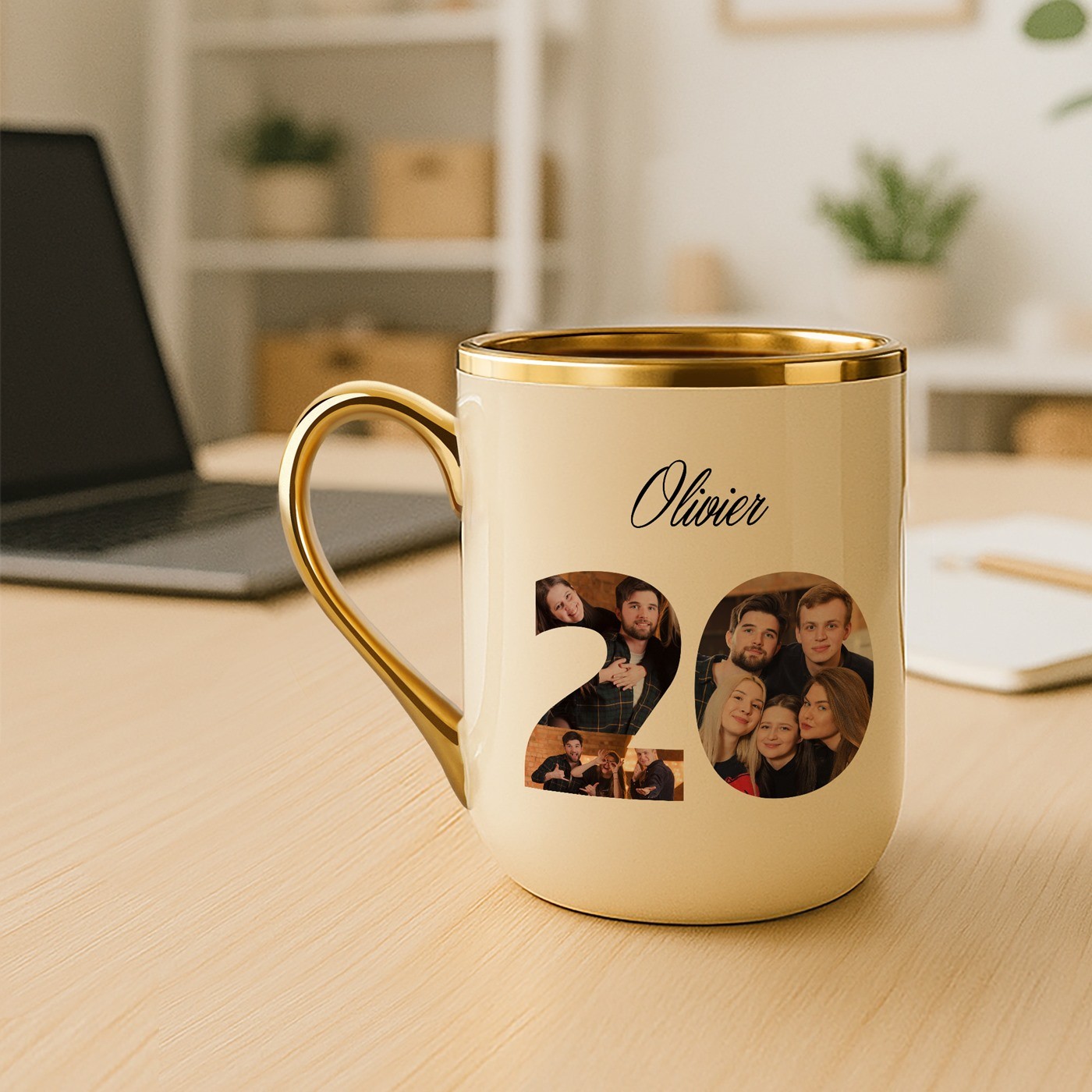 Mug de cerámica beige personalizado con borde y mango dorados para el cumpleaños número 20 de un amigo