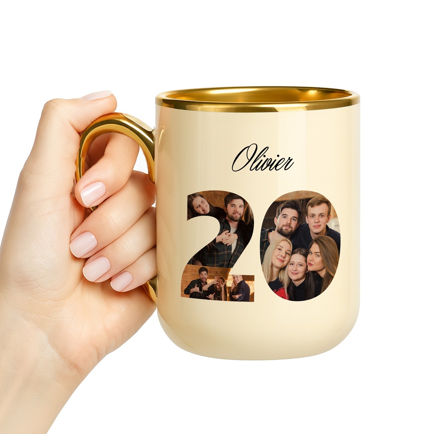 Mug de cerámica beige personalizado con borde y mango dorados para el cumpleaños número 20 de un amigo