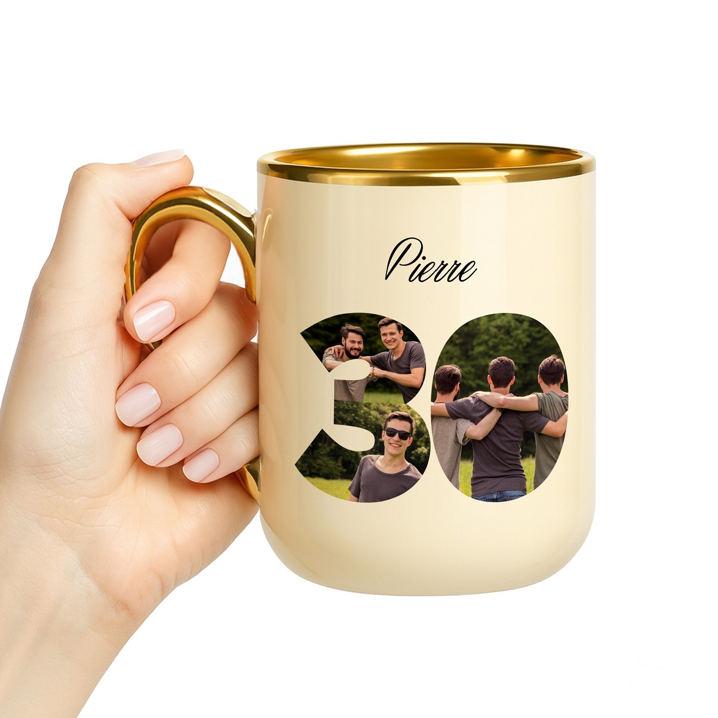 Taza de cerámica beige Murrano con borde y mango dorados para un regalo de cumpleaños único