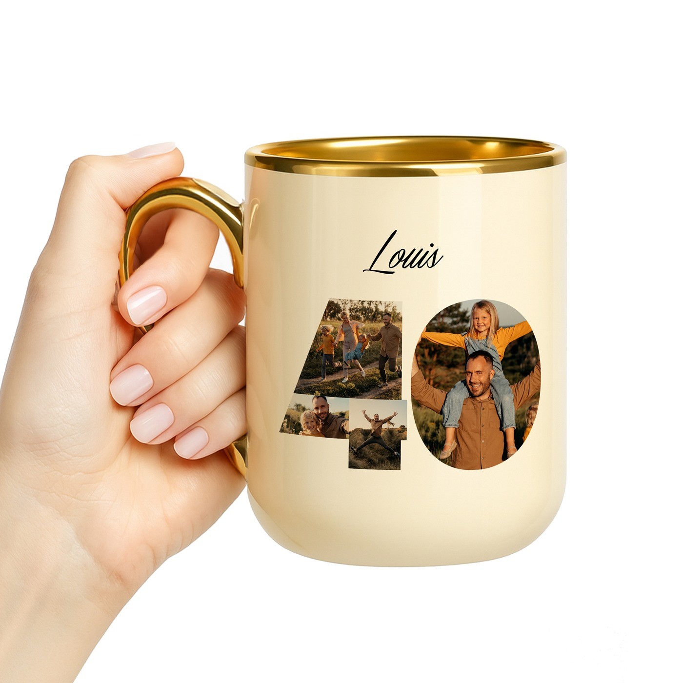 Mug de cerámica beige Murrano con borde y asa dorados para el cumpleaños número 40 de un amigo