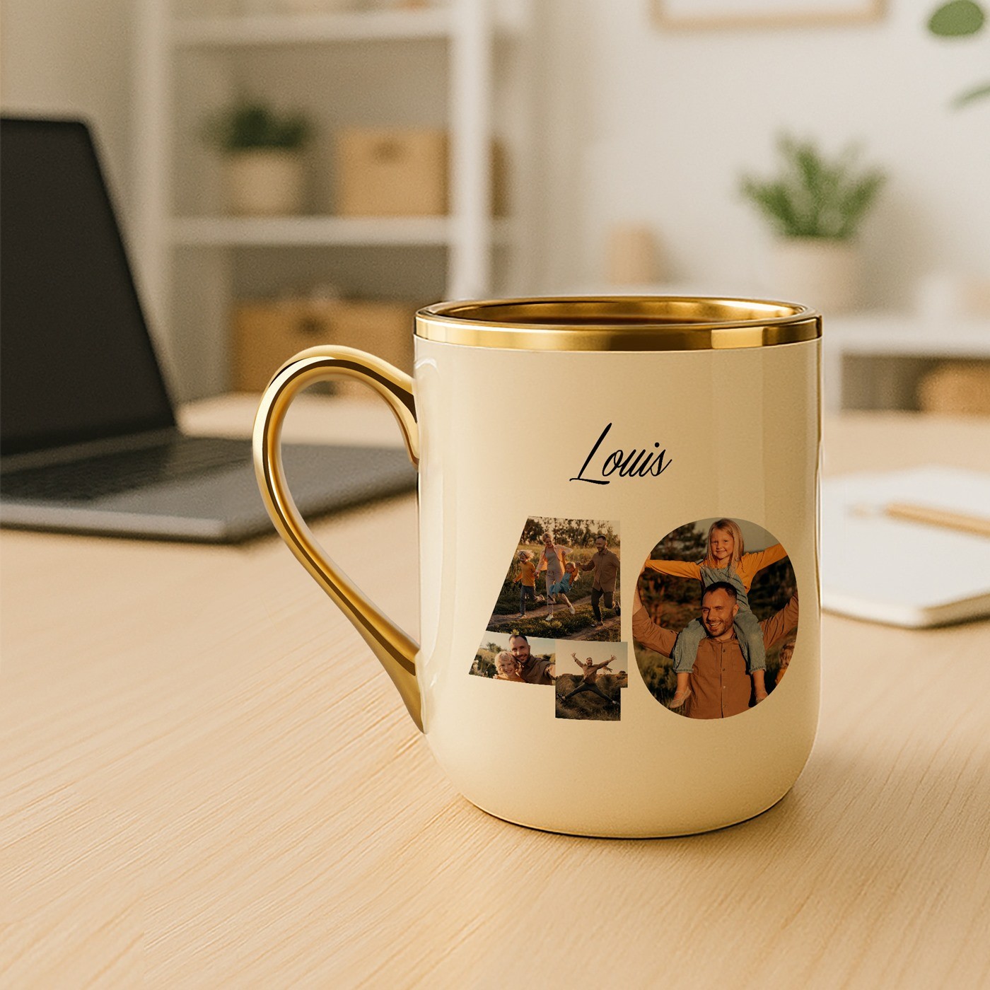 Mug de cerámica beige Murrano con borde y asa dorados para el cumpleaños número 40 de un amigo