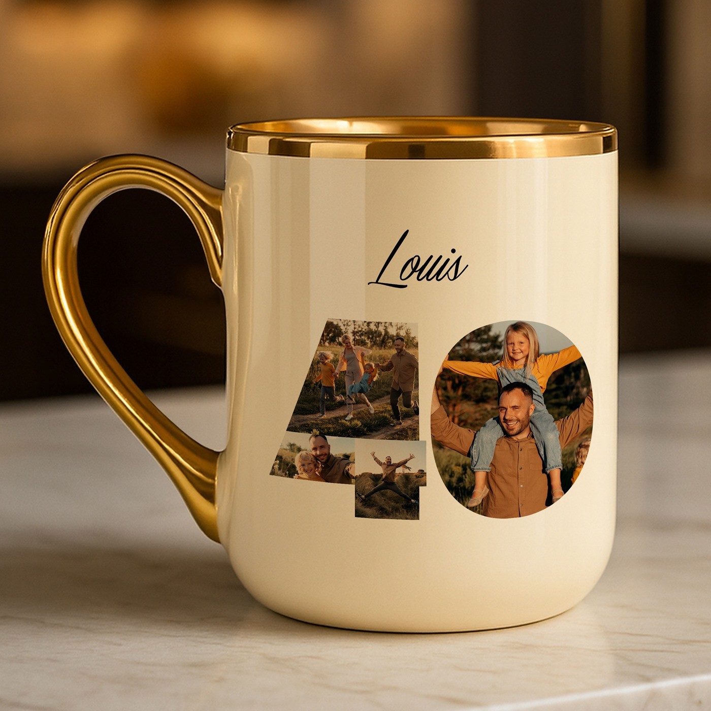 Mug de cerámica beige Murrano con borde y asa dorados para el cumpleaños número 40 de un amigo
