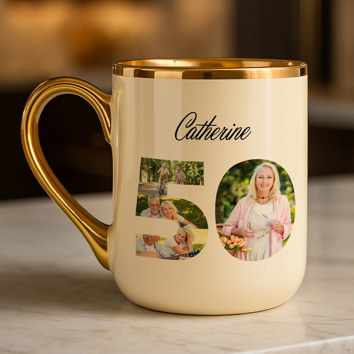 Mug de cerámica beige Murrano con borde y asa dorados para el 50º aniversario de una amiga