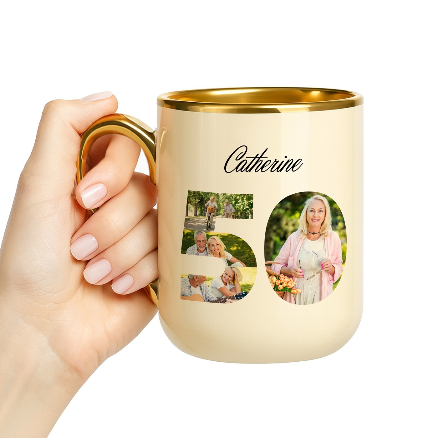 Mug de cerámica beige Murrano con borde y asa dorados para el 50º aniversario de una amiga