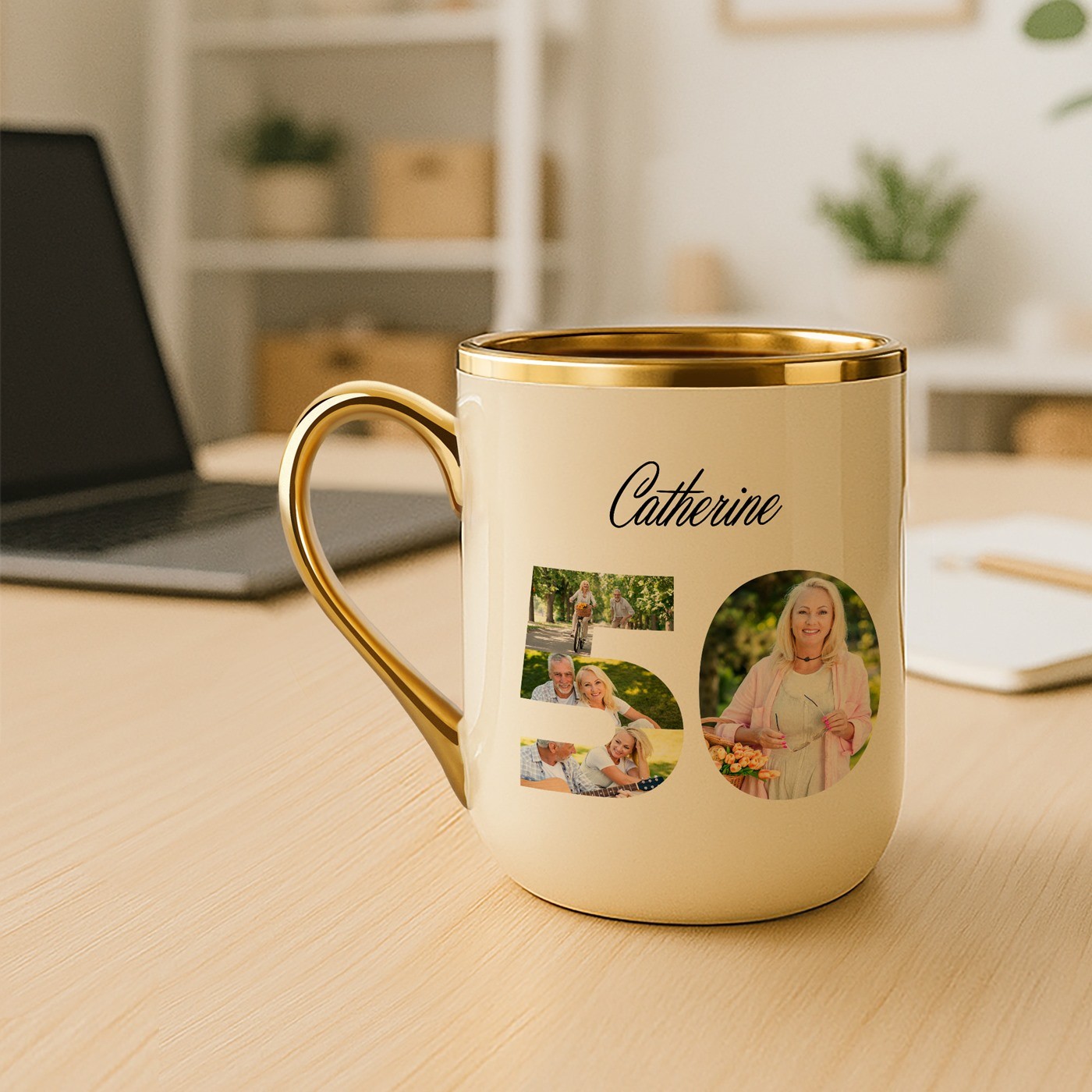 Mug de cerámica beige Murrano con borde y asa dorados para el 50º aniversario de una amiga