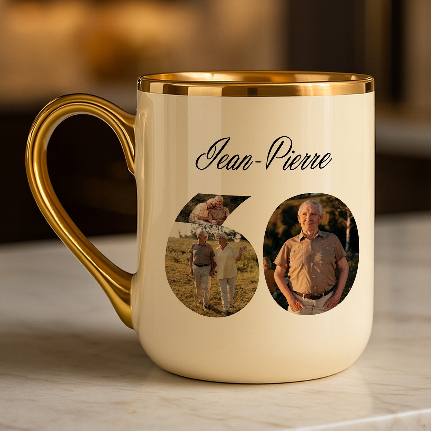 Taza de cerámica Murrano con borde y asa dorados, impresión personalizada con foto para el cumpleaños número 60 de un abuelo