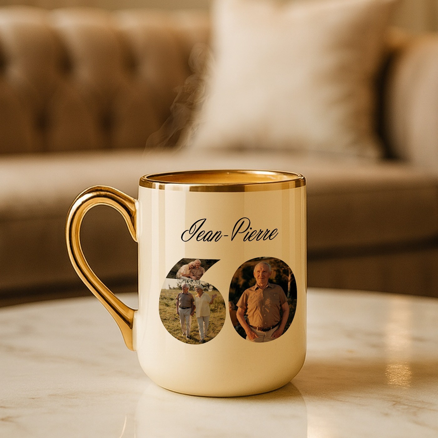 Taza de cerámica Murrano con borde y asa dorados, impresión personalizada con foto para el cumpleaños número 60 de un abuelo