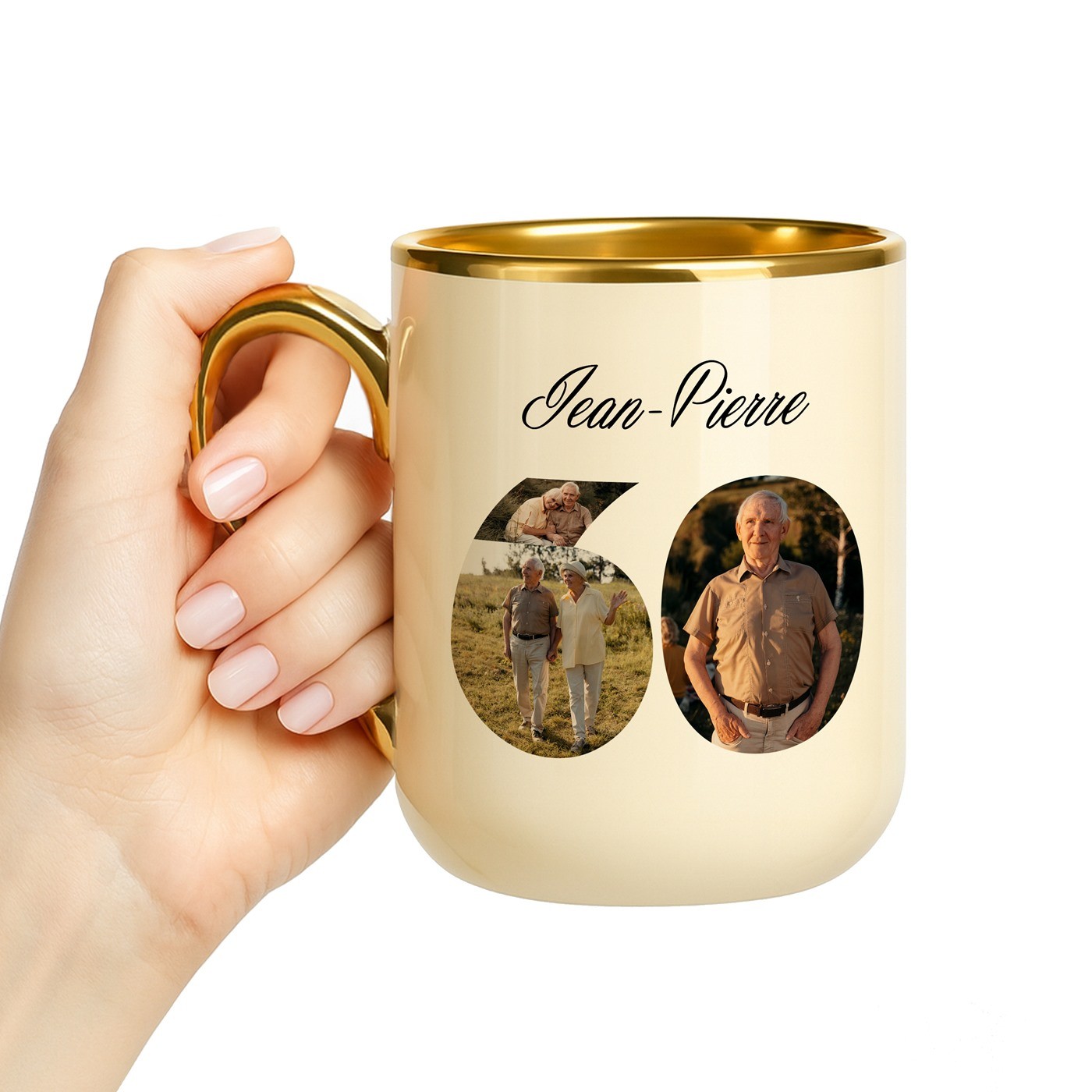 Taza de cerámica Murrano con borde y asa dorados, impresión personalizada con foto para el cumpleaños número 60 de un abuelo