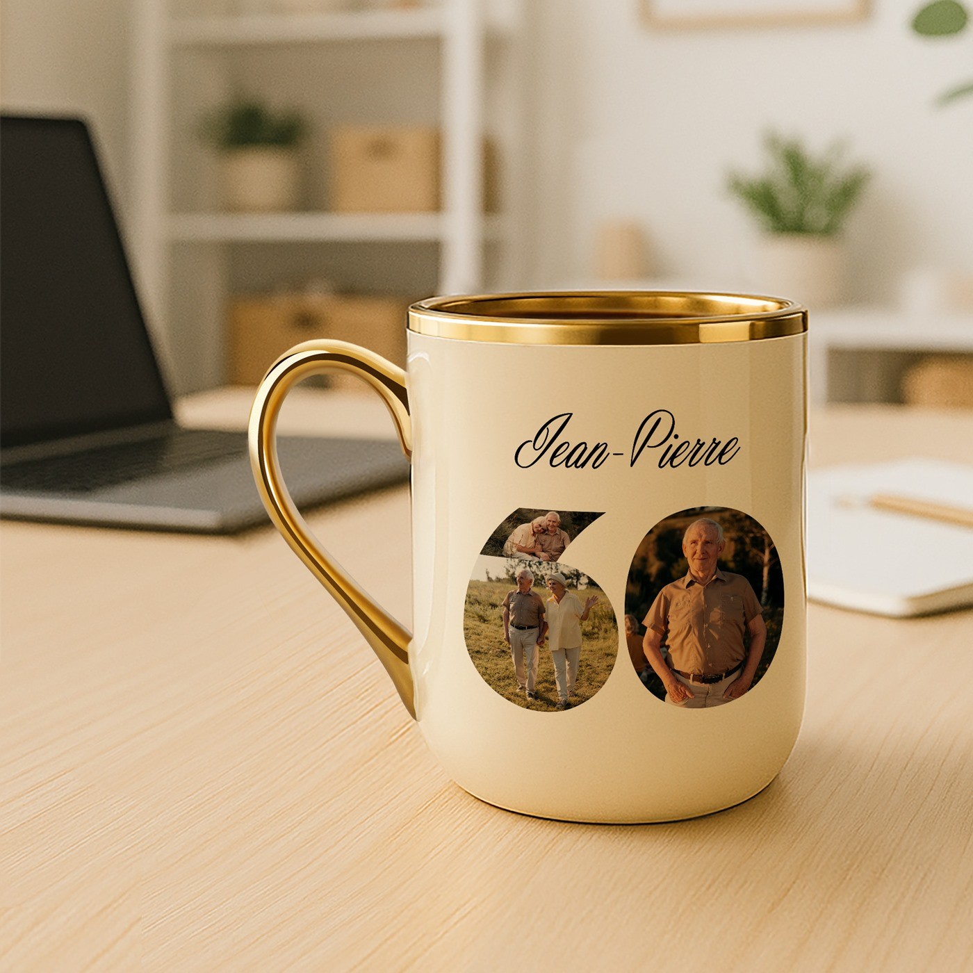 Taza de cerámica Murrano con borde y asa dorados, impresión personalizada con foto para el cumpleaños número 60 de un abuelo