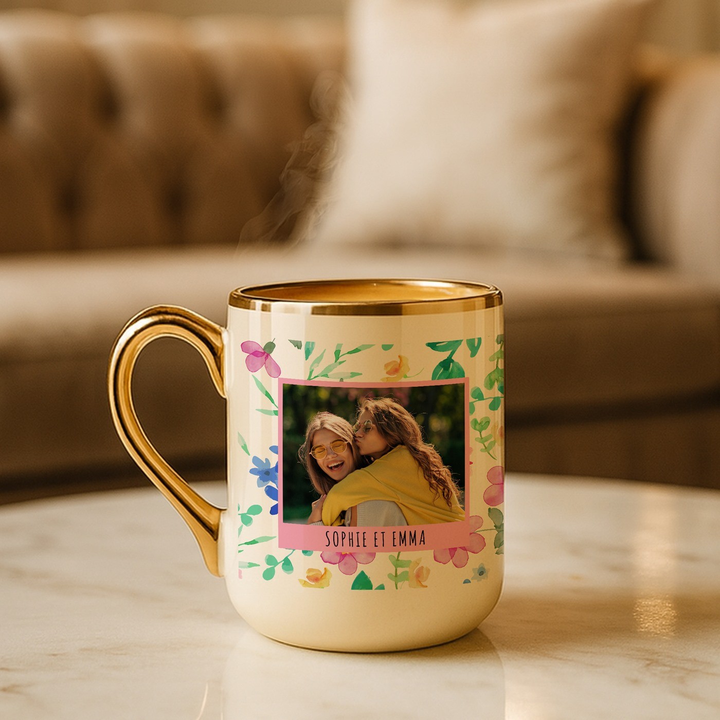 Mug de cerámica beige Murrano con borde y asa dorados - Regalo personalizado con foto para mejores amigas