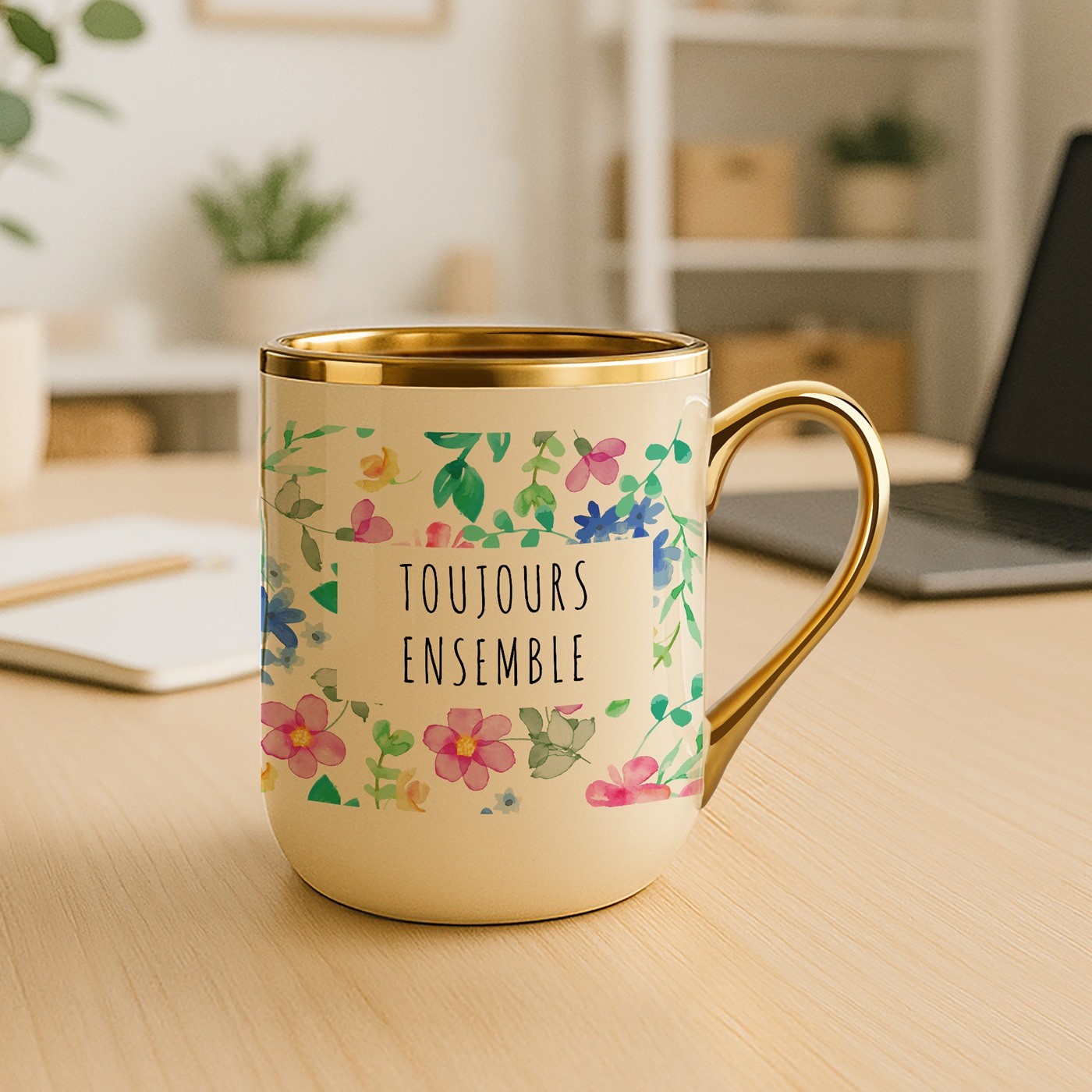 Mug de cerámica beige Murrano con borde y asa dorados - Regalo personalizado con foto para mejores amigas