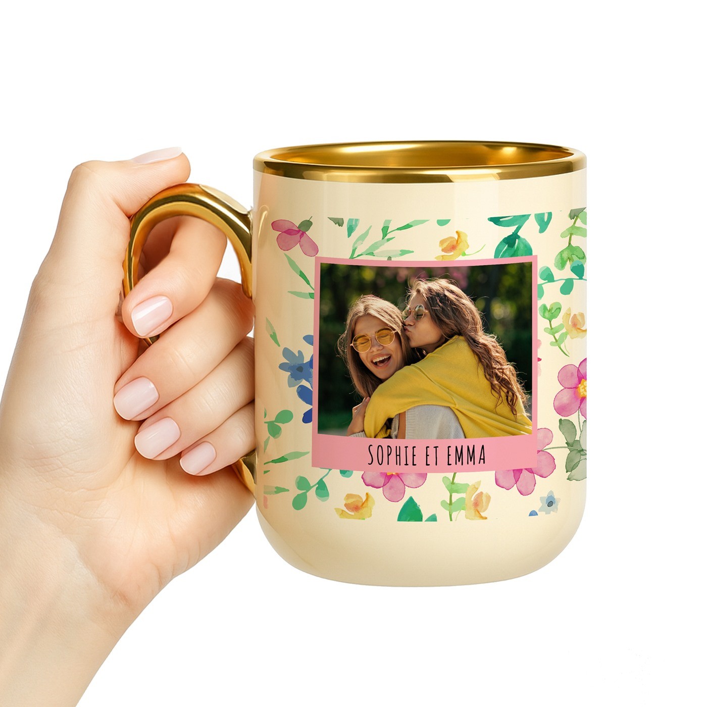 Mug de cerámica beige Murrano con borde y asa dorados - Regalo personalizado con foto para mejores amigas