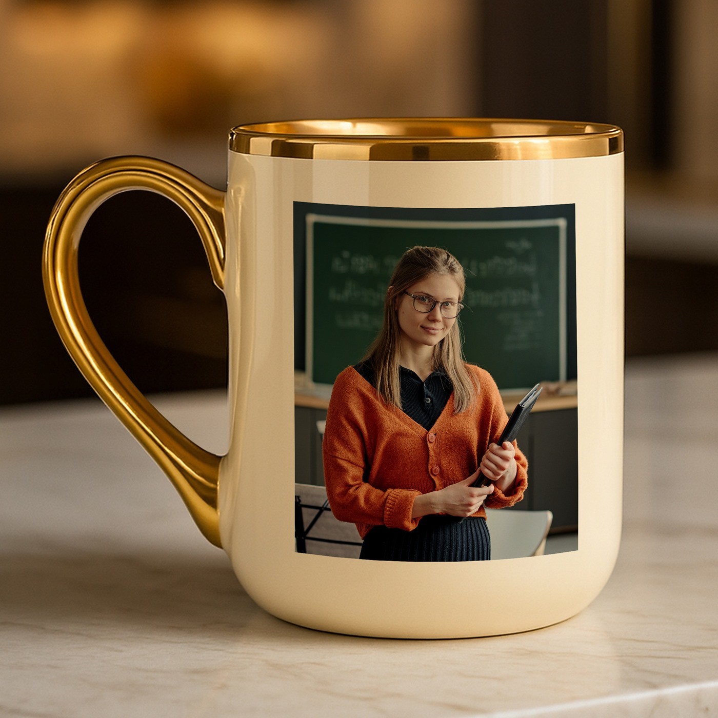Mug de cerámica beige Murrano con borde y asa dorados e impresión personalizada de foto