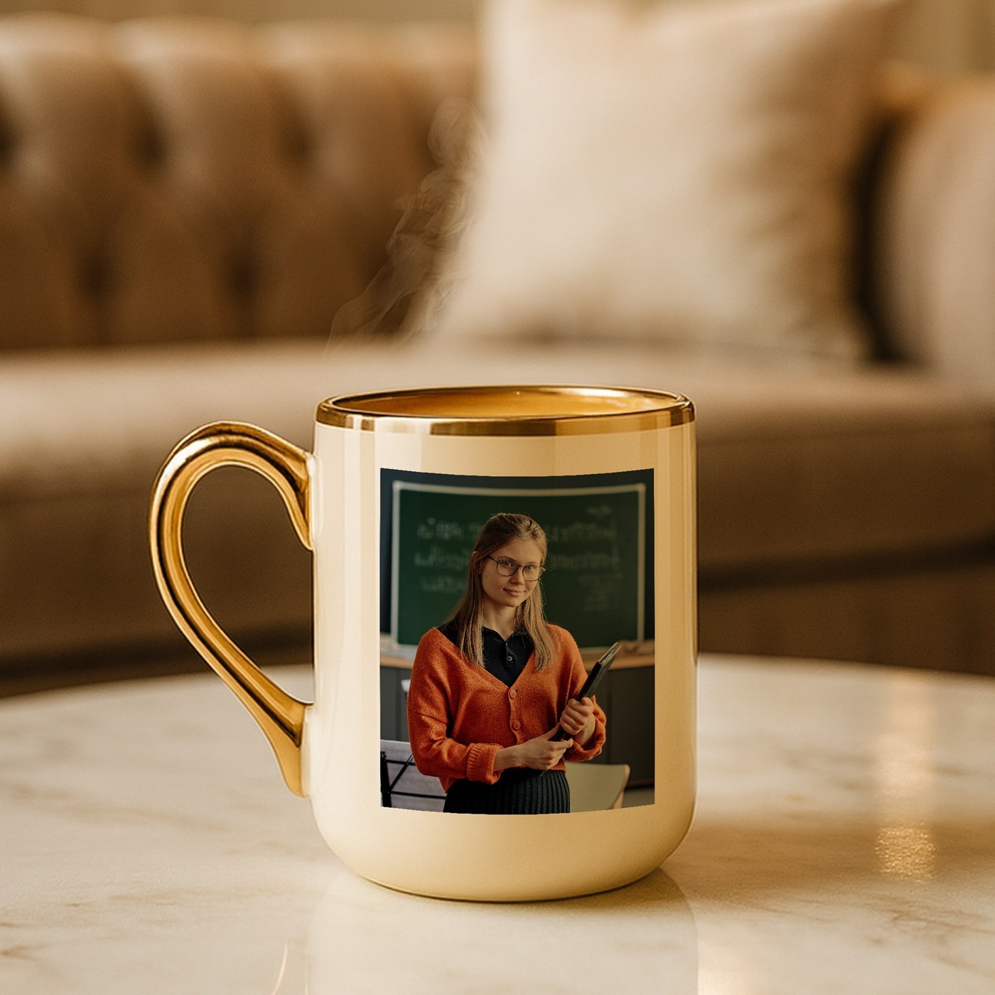 Mug de cerámica beige Murrano con borde y asa dorados e impresión personalizada de foto