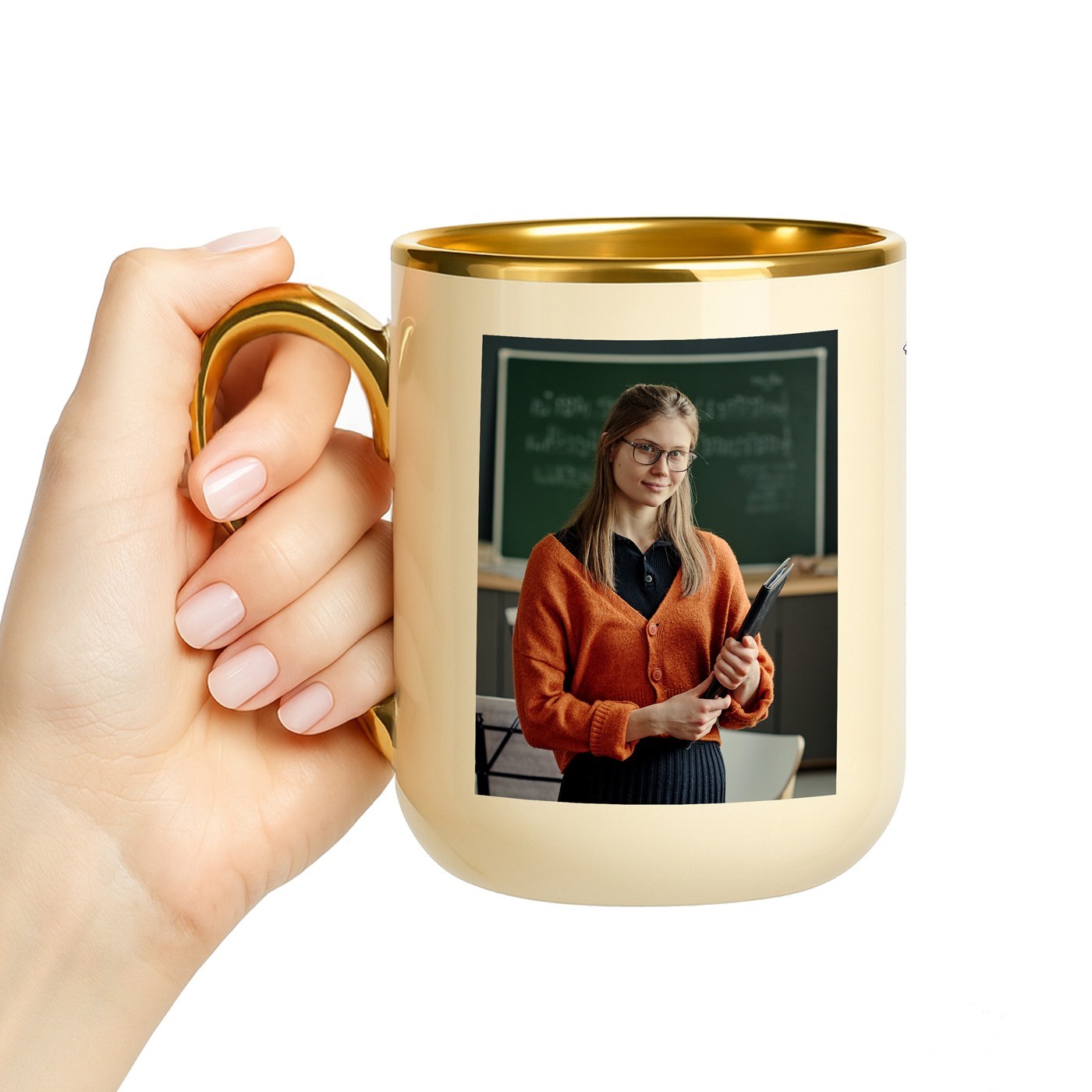 Mug de cerámica beige Murrano con borde y asa dorados e impresión personalizada de foto