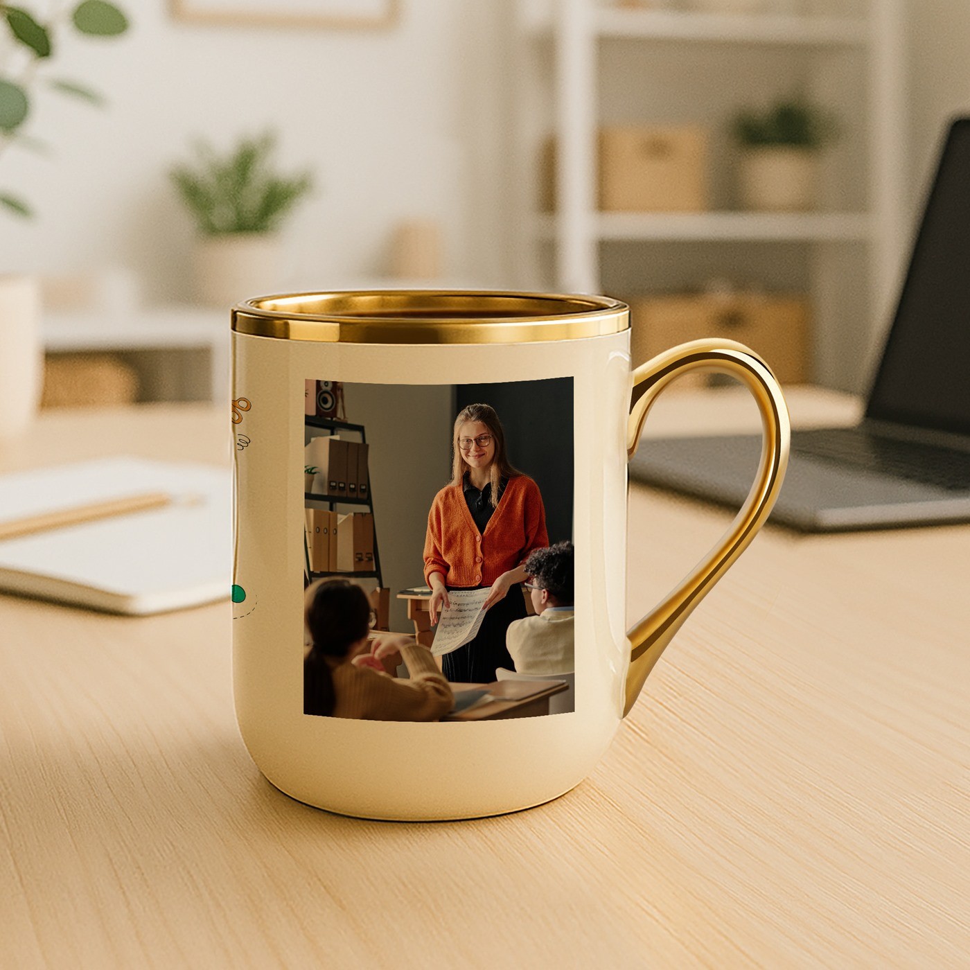 Mug de cerámica beige Murrano con borde y asa dorados e impresión personalizada de foto