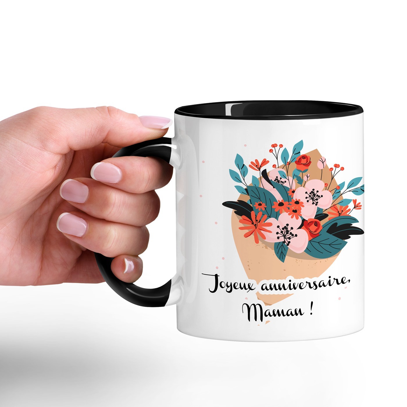 Taza de cerámica blanca y negra con impresión personalizada para el cumpleaños de mamá