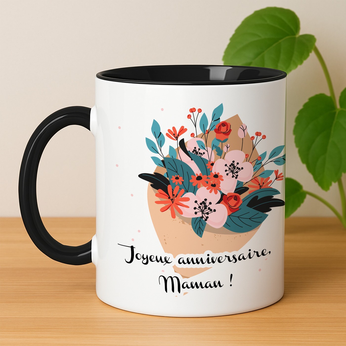Taza de cerámica blanca y negra con impresión personalizada para el cumpleaños de mamá