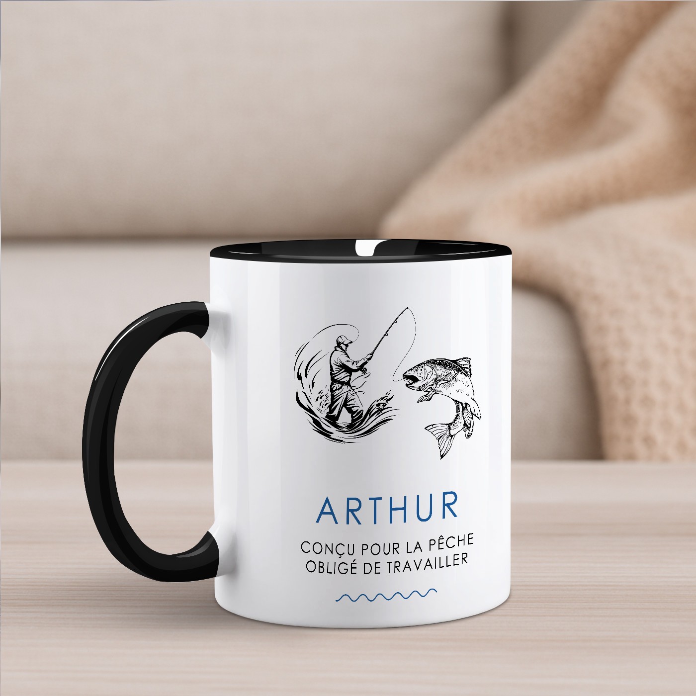 Mug de cerámica blanca y negra con impresión personalizada para el aniversario del pescador Murrano