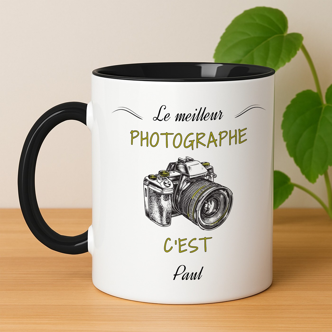 Taza de cerámica blanca y fondo negro personalizada con impresión para el cumpleaños de un fotógrafo (Murrano)