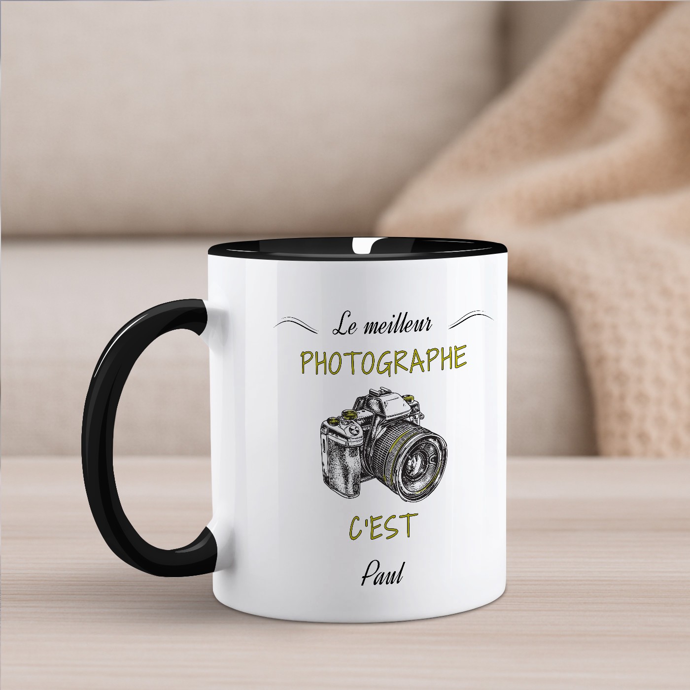 Taza de cerámica blanca y fondo negro personalizada con impresión para el cumpleaños de un fotógrafo (Murrano)