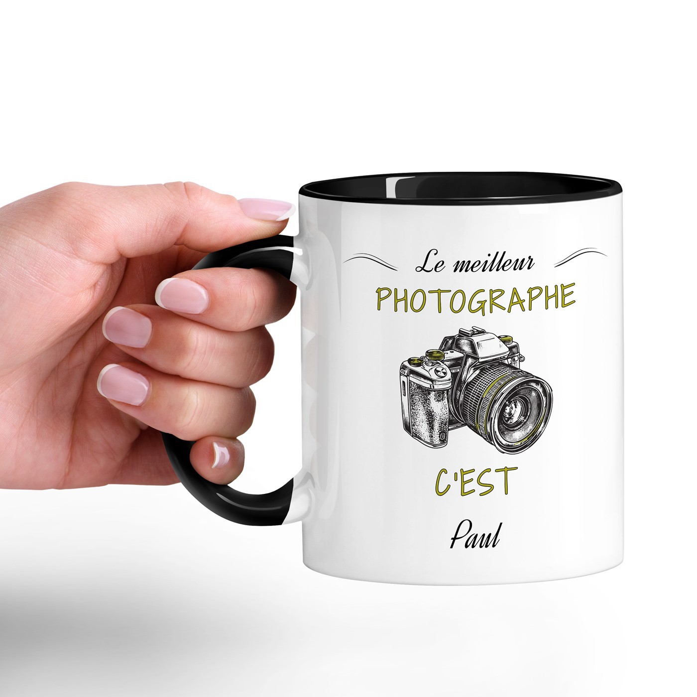 Taza de cerámica blanca y fondo negro personalizada con impresión para el cumpleaños de un fotógrafo (Murrano)