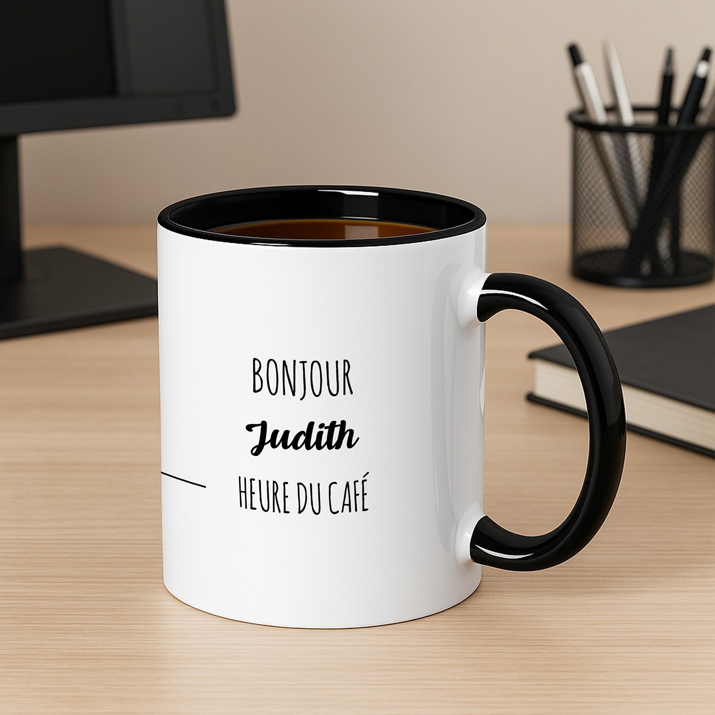 Mug de cerámica Murrano para amante de los gatos, blanco con base negra y personalización