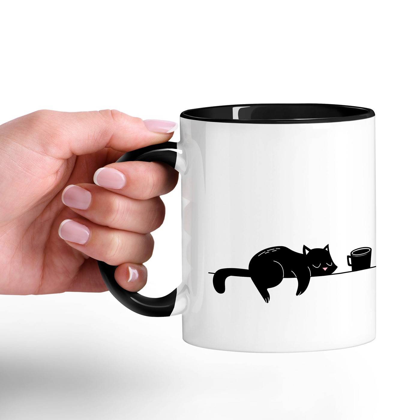 Mug de cerámica Murrano para amante de los gatos, blanco con base negra y personalización