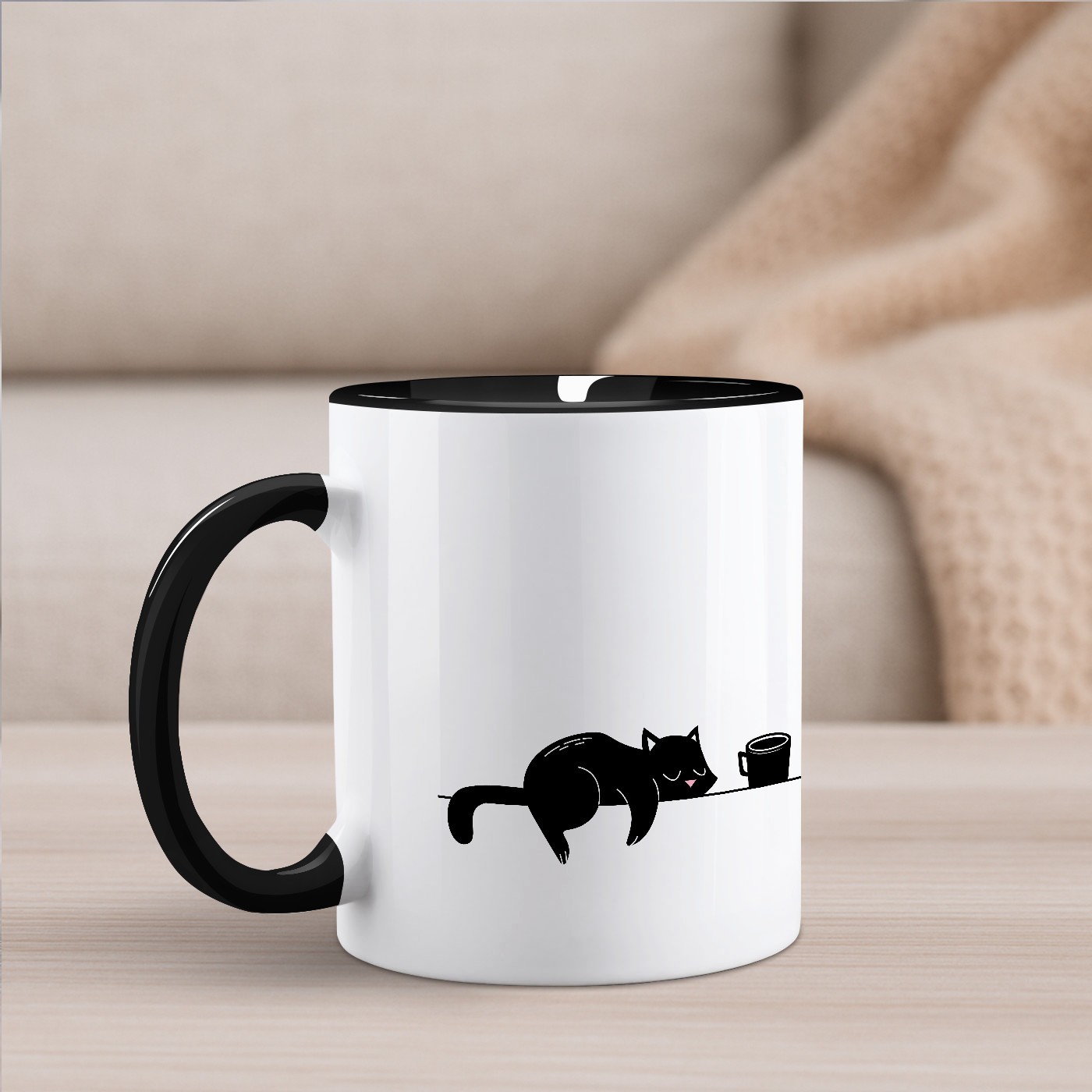 Mug de cerámica Murrano para amante de los gatos, blanco con base negra y personalización