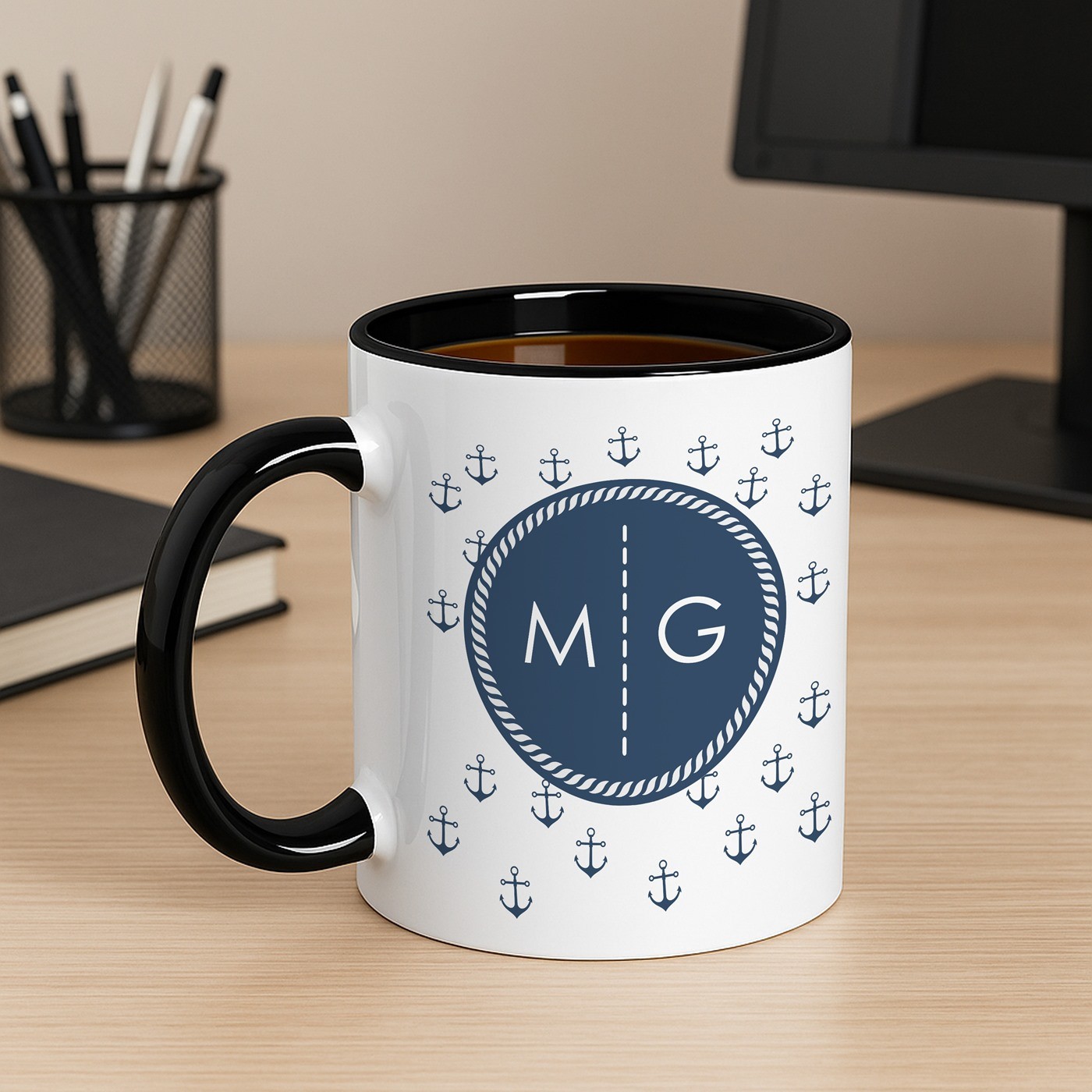 Mug de cerámica blanca y negra Murrano con impresión personalizada temática del mar