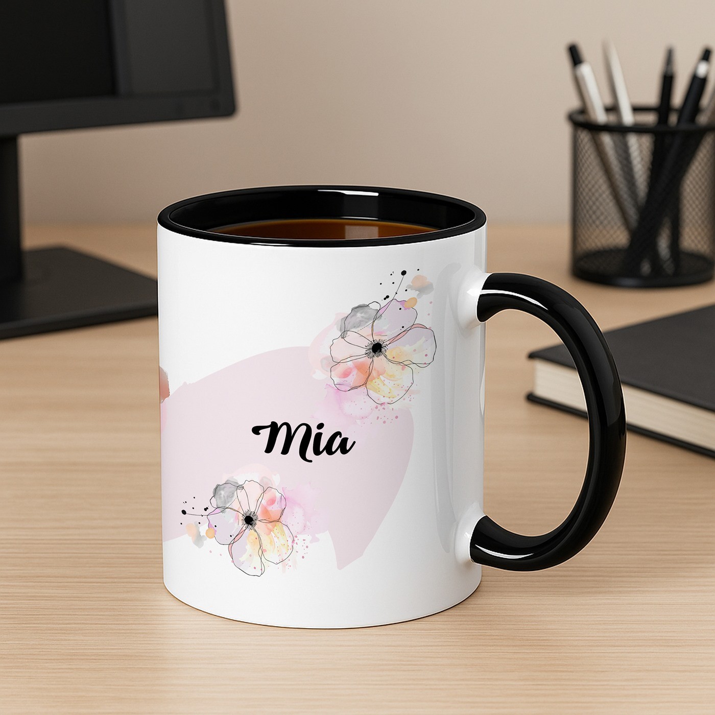 Mug de cerámica Murrano - Blanco con base negra y personalización para su cumpleaños
