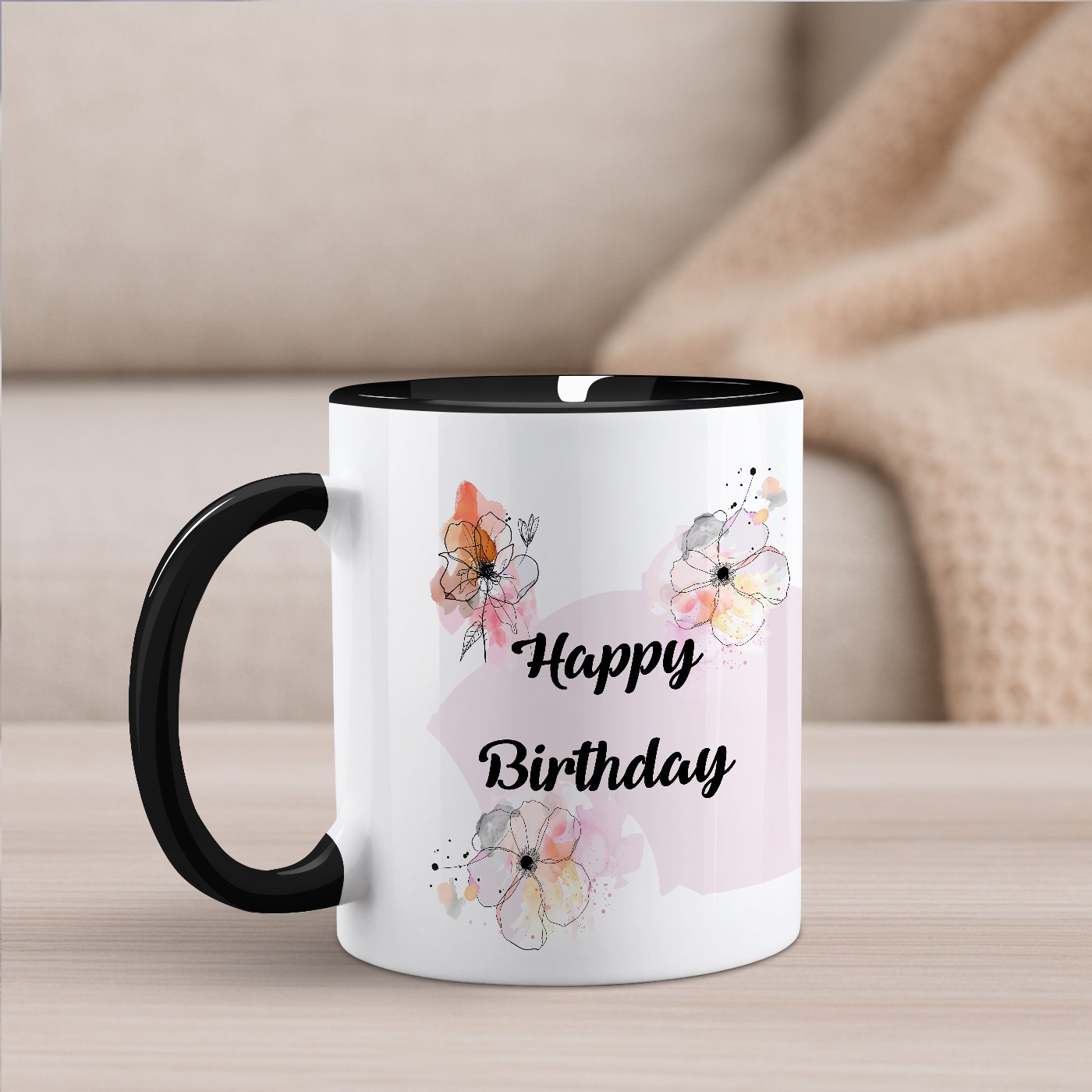 Mug de cerámica Murrano - Blanco con base negra y personalización para su cumpleaños