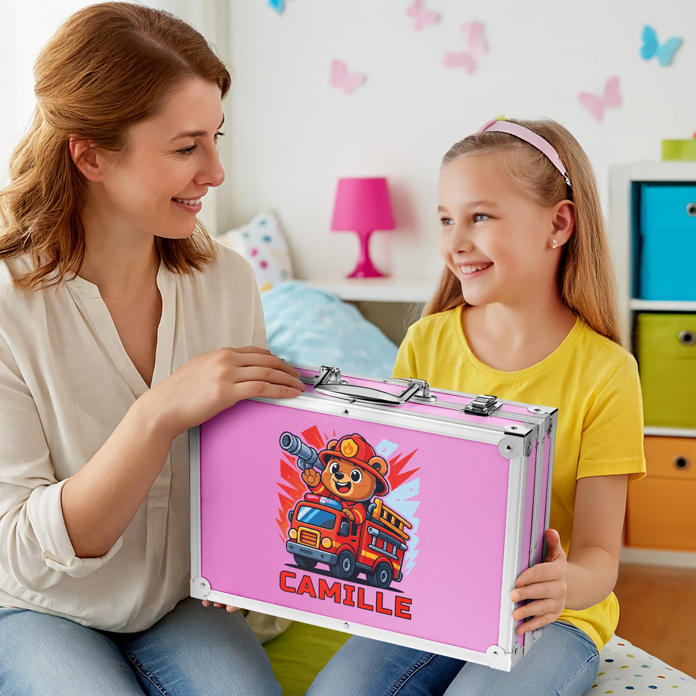 Étui de dessin personnalisé rose Murrano avec pompier pour petite-fille