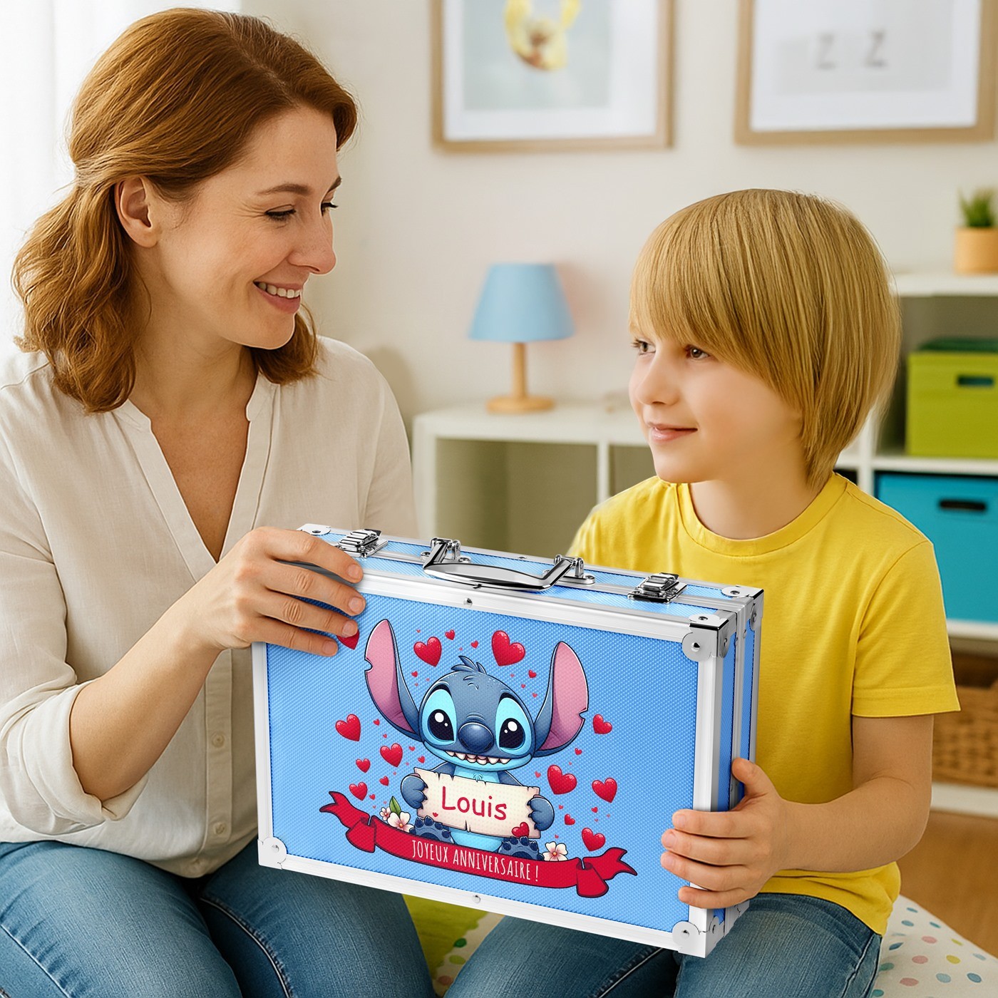 Mallette de coloriage bleue personnalisée avec Stich pour l'anniversaire d'un neveu