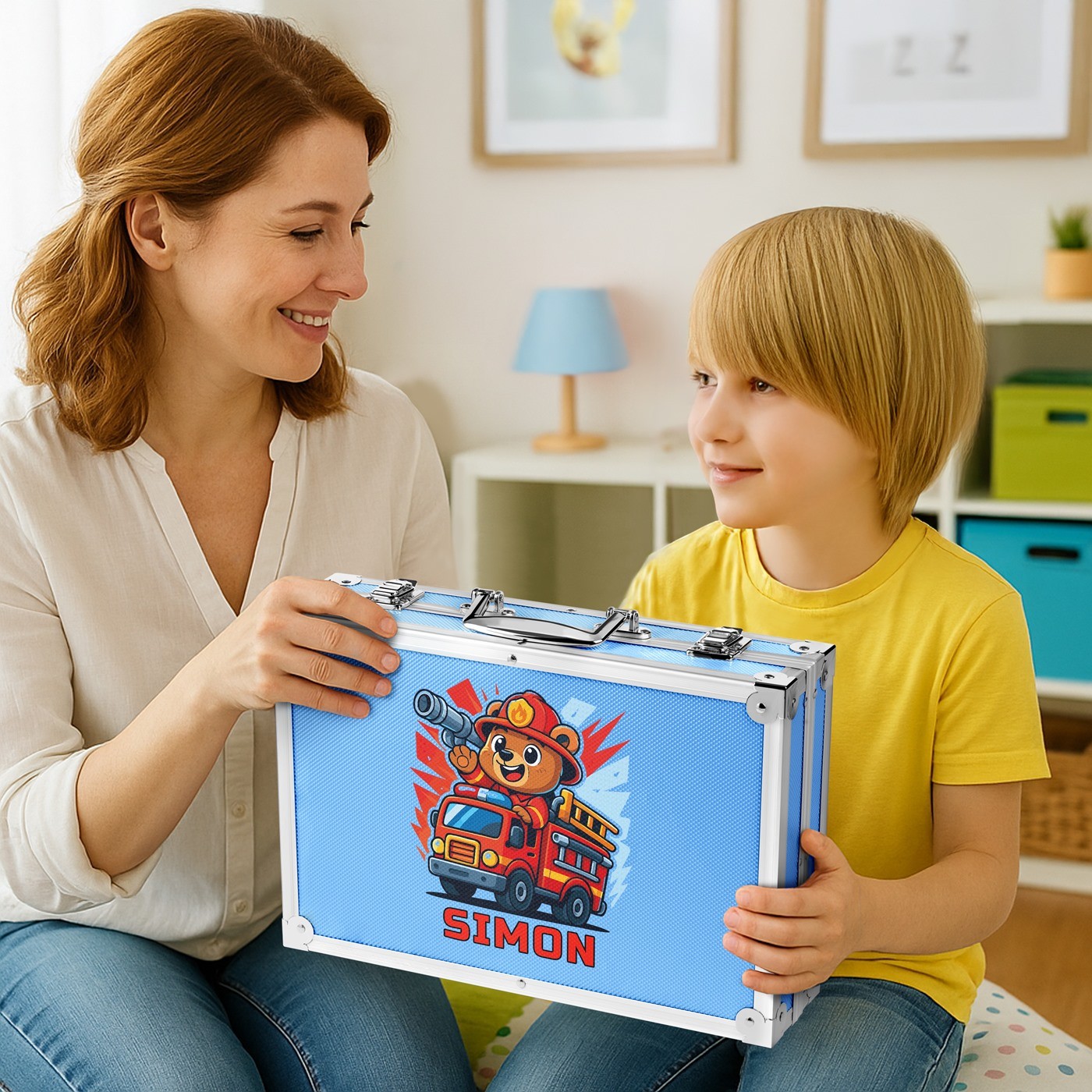 Mallette de dessin bleue personnalisée Murrano avec pompier pour petit-fils à Noël