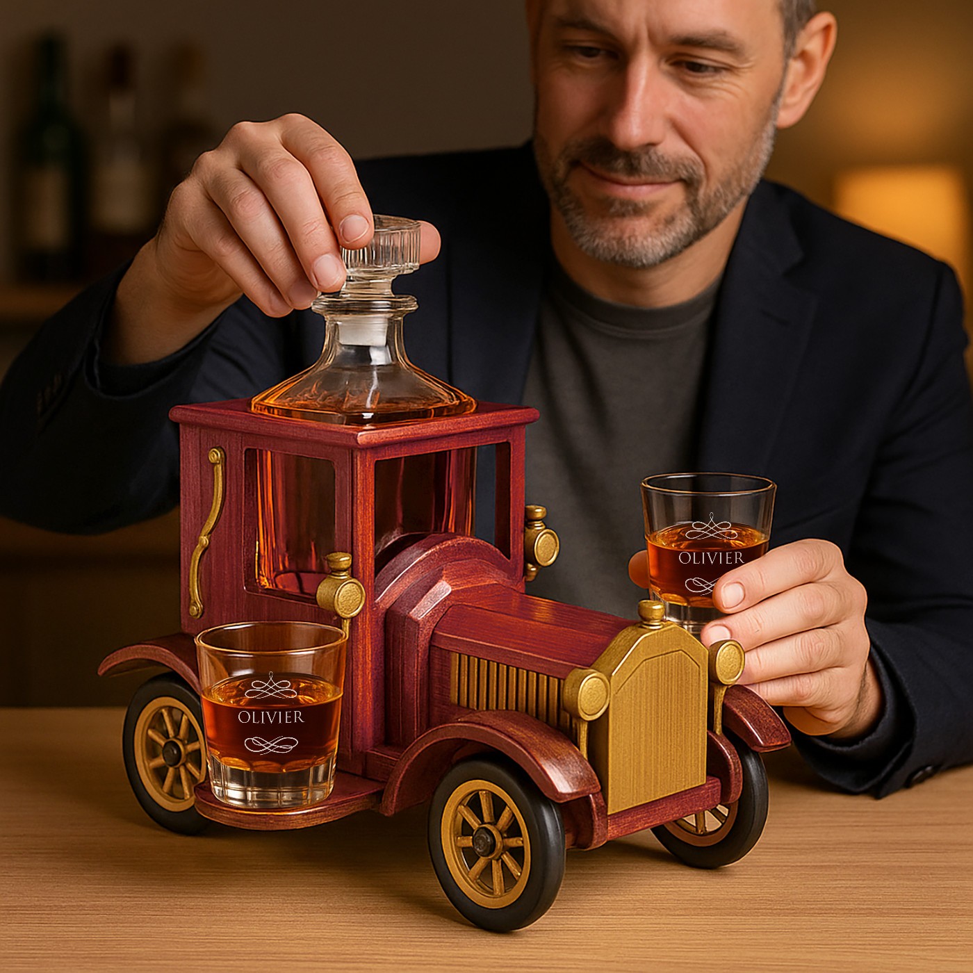 Cafetería en coche de madera con 2 vasos personalizados para un marido por el aniversario de boda
