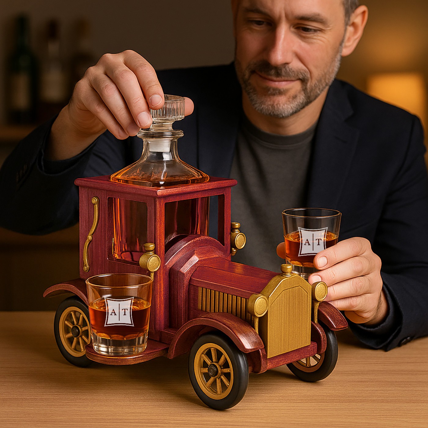 Set de whisky de madera Murrano con 2 vasos personalizados para una pareja