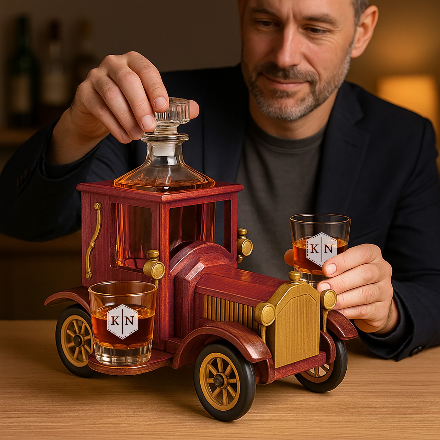 Carafa en coche de madera con 2 vasos personalizados para una pareja por el aniversario de bodas