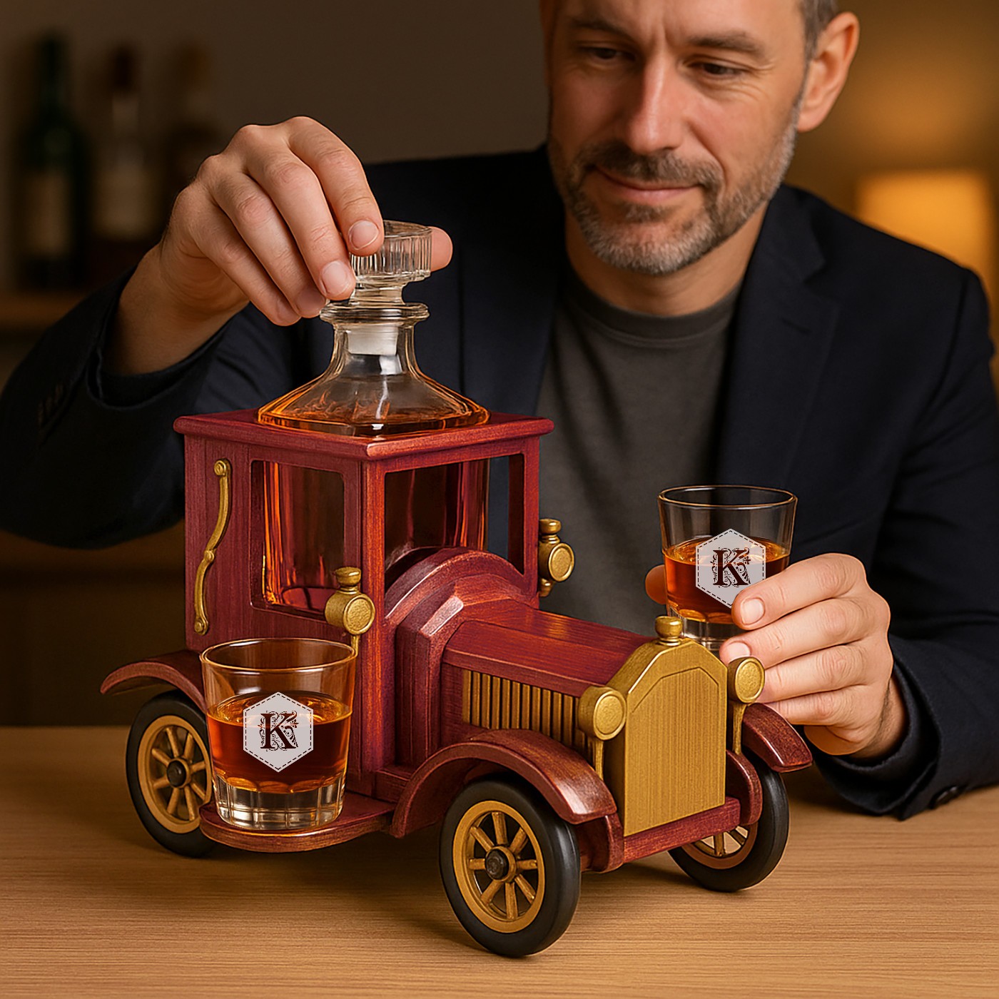Set de decantador de madera Murrano con 2 vasos para él o ella