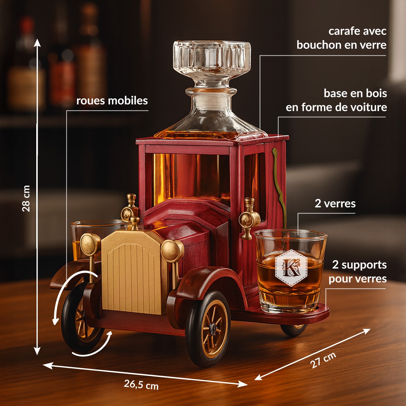 Set de decantador de madera Murrano con 2 vasos para él o ella
