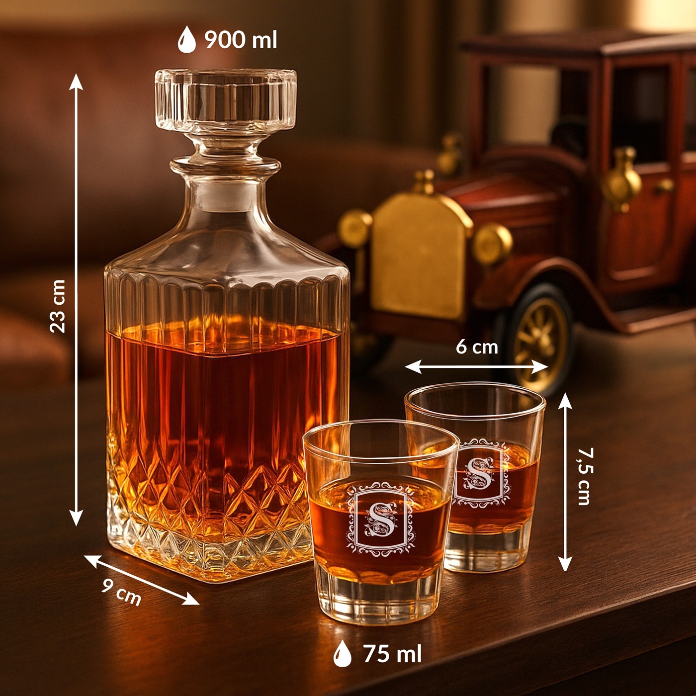 Set de whisky tallado en madera Murrano con vasos personalizados para él o ella
