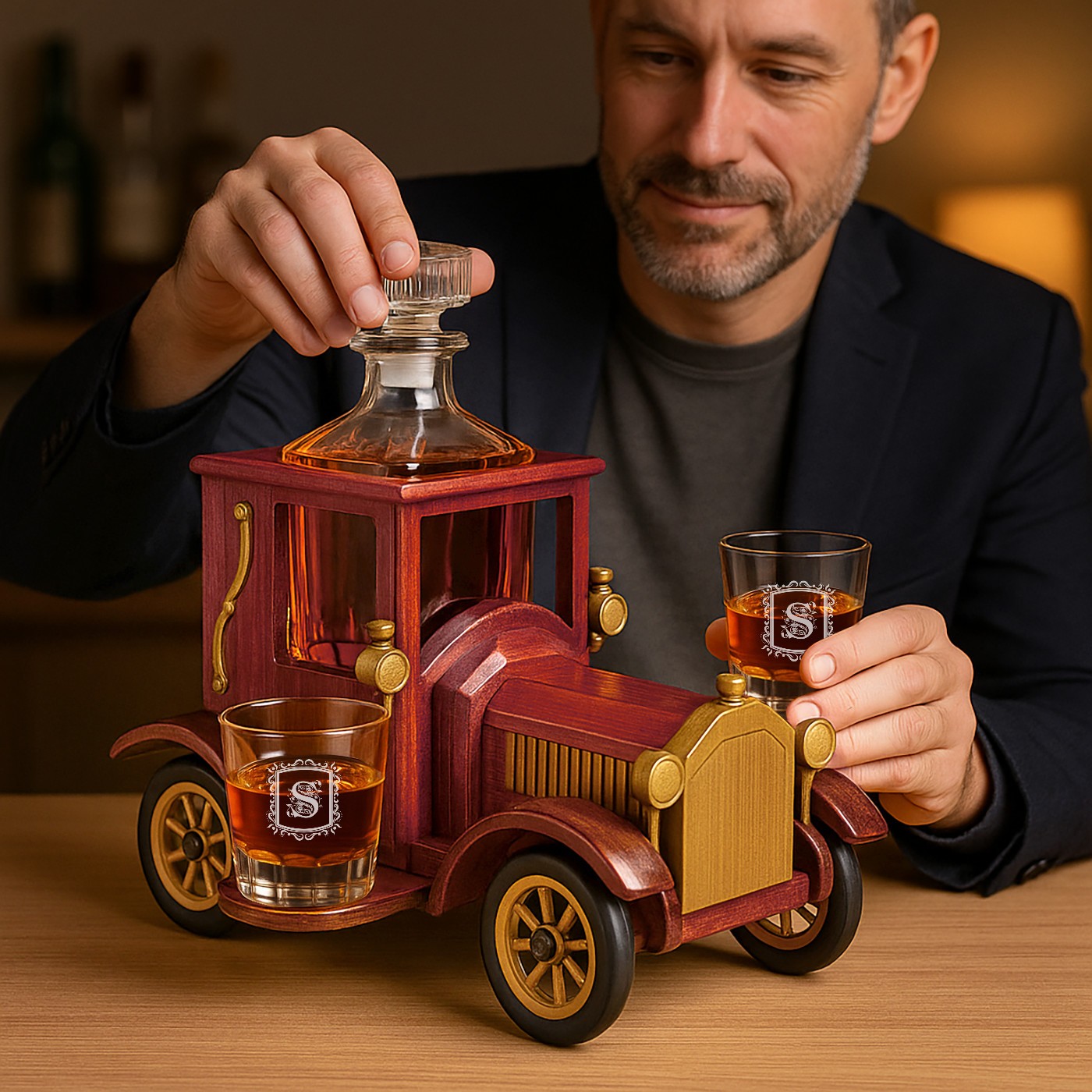 Set de whisky tallado en madera Murrano con vasos personalizados para él o ella