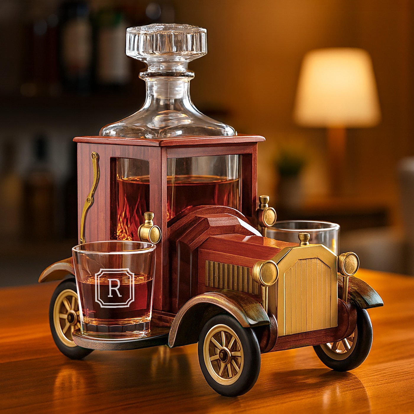 Set de decantador de madera tallado vintage Murrano con 2 vasos personalizados para ella o él, regalo de boda